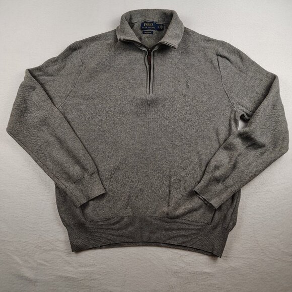 Polo Ralph Lauren Sweater Mens Large Gray Pima Cotton 1/4 Zip Pullover Preppy - Picture 1 of 6